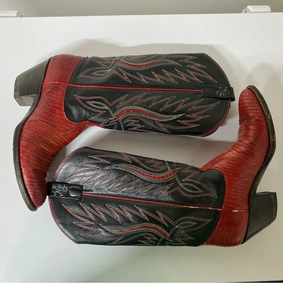 Ralph Lauren Lucchese Red Black leather Cowboy Western Boots vintage inlay 7 - Picture 8 of 16